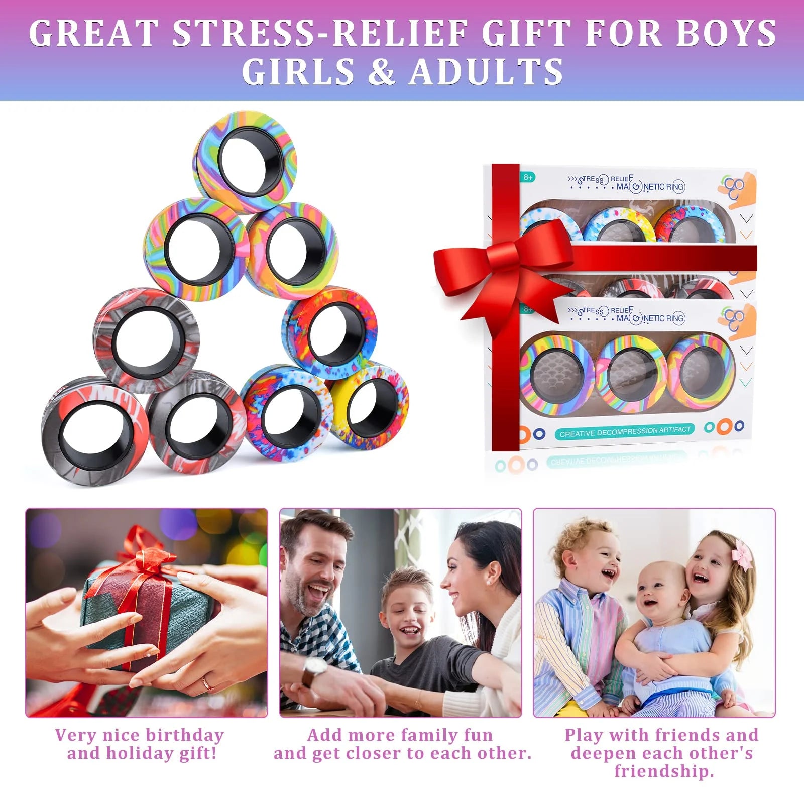 9-3Pcs Magnetic Rings Fidget Toy Set, Idea ADHD Anxiety Decompression Magnetic Fidget Toys Adult Fidget Spinner Rings for Relief, Finger Fidget Toys - Gifts for 8 9 10 11 12 13+ Year Old Boy Girl Teen