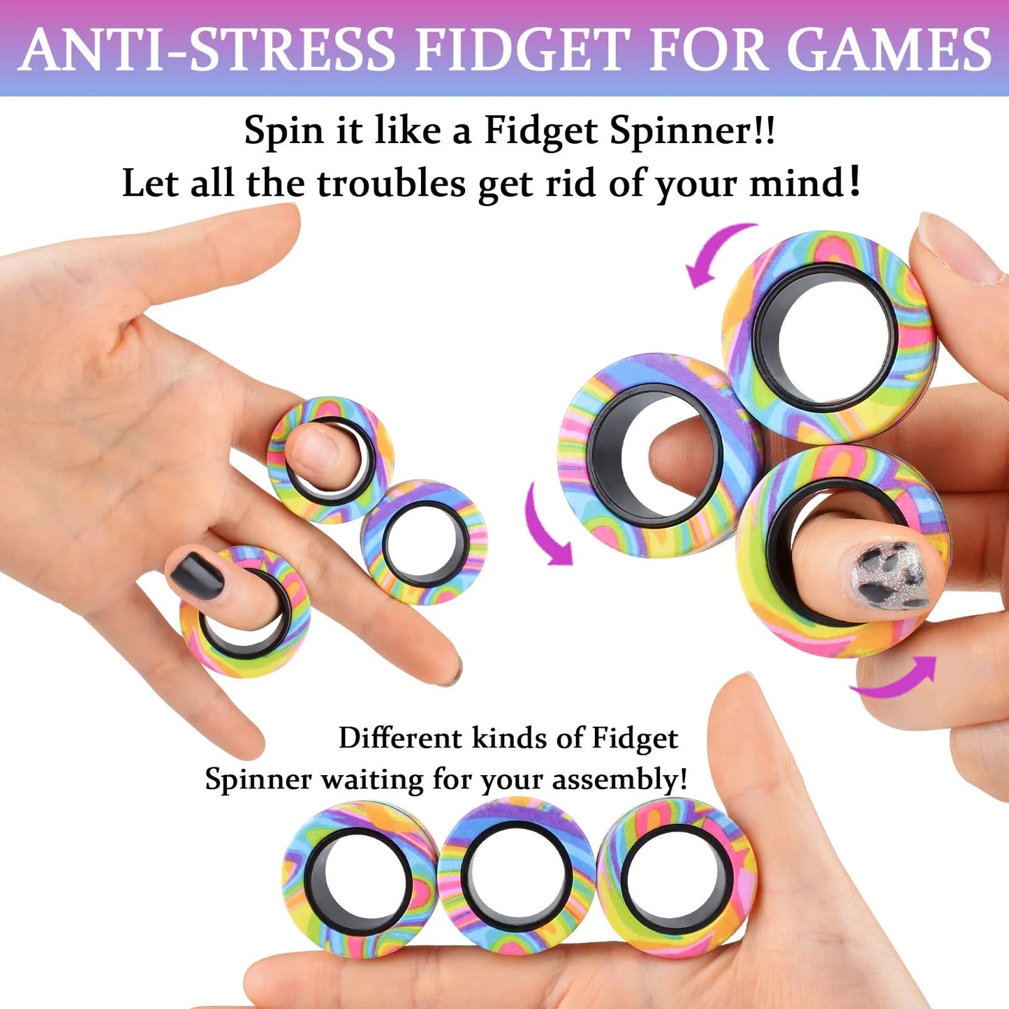 9-3Pcs Magnetic Rings Fidget Toy Set, Idea ADHD Anxiety Decompression Magnetic Fidget Toys Adult Fidget Spinner Rings for Relief, Finger Fidget Toys - Gifts for 8 9 10 11 12 13+ Year Old Boy Girl Teen
