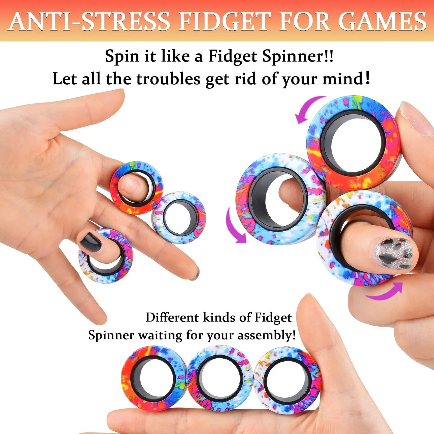 9-3Pcs Magnetic Rings Fidget Toy Set, Idea ADHD Anxiety Decompression Magnetic Fidget Toys Adult Fidget Spinner Rings for Relief, Finger Fidget Toys - Gifts for 8 9 10 11 12 13+ Year Old Boy Girl Teen