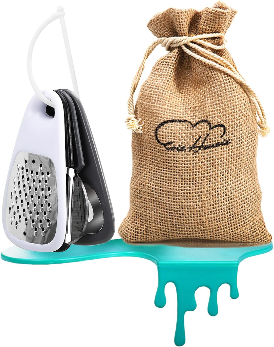 5 Pieces Kitchen Gadgets Set - Space Saving Cooking Tools Accessories Cheese Chocolate Grater, Fruit Vegetable Peeler, Bottle Opener, Pizza Cutter, Burlap Bags with Drawstring Gift Set