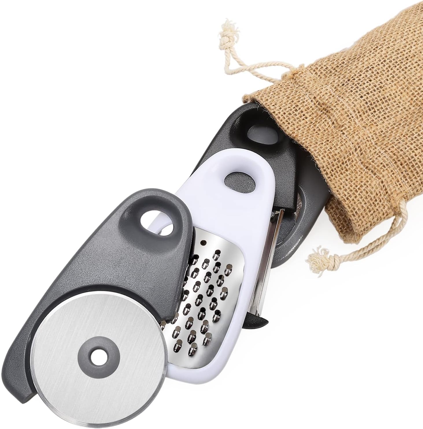 5 Pieces Kitchen Gadgets Set - Space Saving Cooking Tools Accessories Cheese Chocolate Grater, Fruit Vegetable Peeler, Bottle Opener, Pizza Cutter, Burlap Bags with Drawstring Gift Set