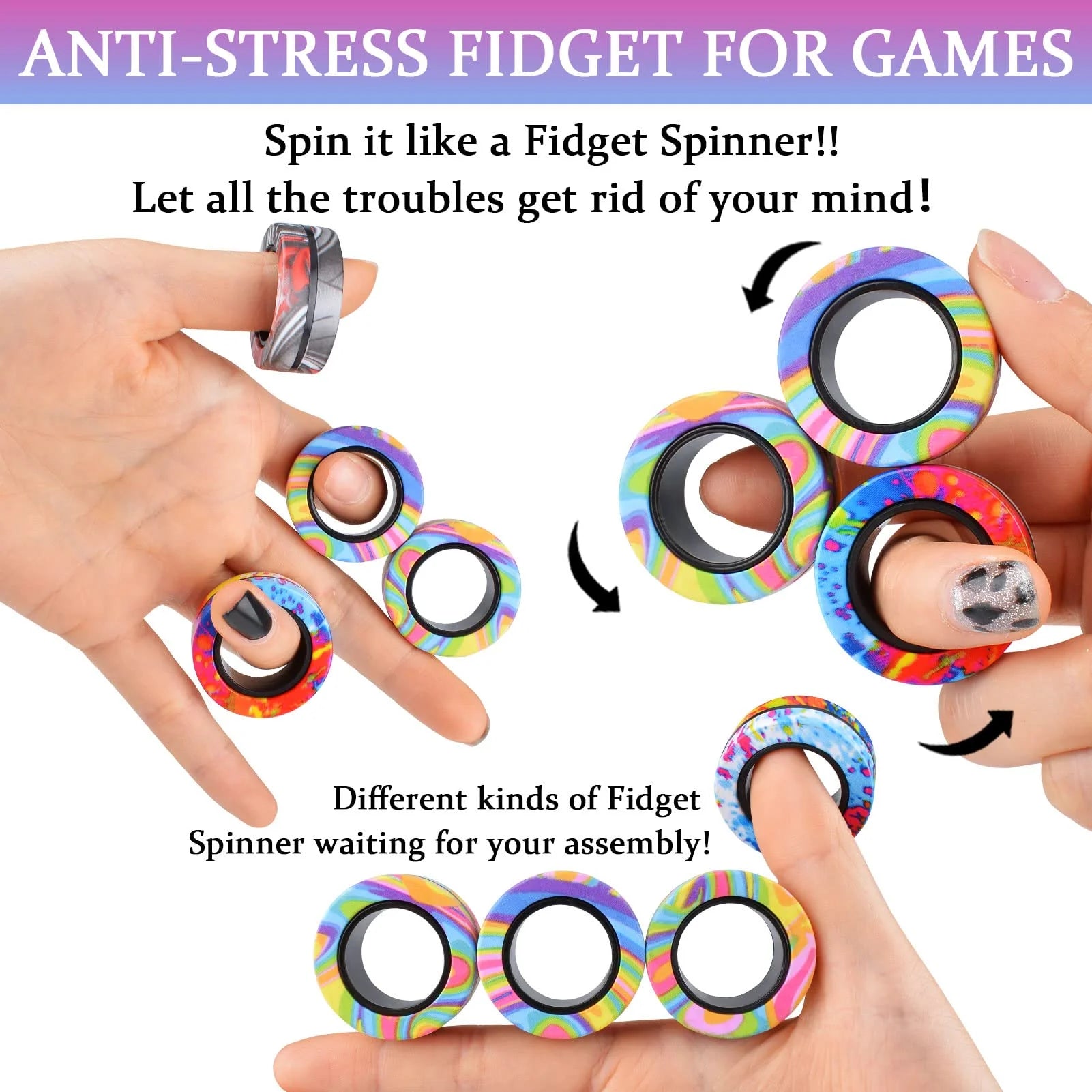 9-3Pcs Magnetic Rings Fidget Toy Set, Idea ADHD Anxiety Decompression Magnetic Fidget Toys Adult Fidget Spinner Rings for Relief, Finger Fidget Toys - Gifts for 8 9 10 11 12 13+ Year Old Boy Girl Teen
